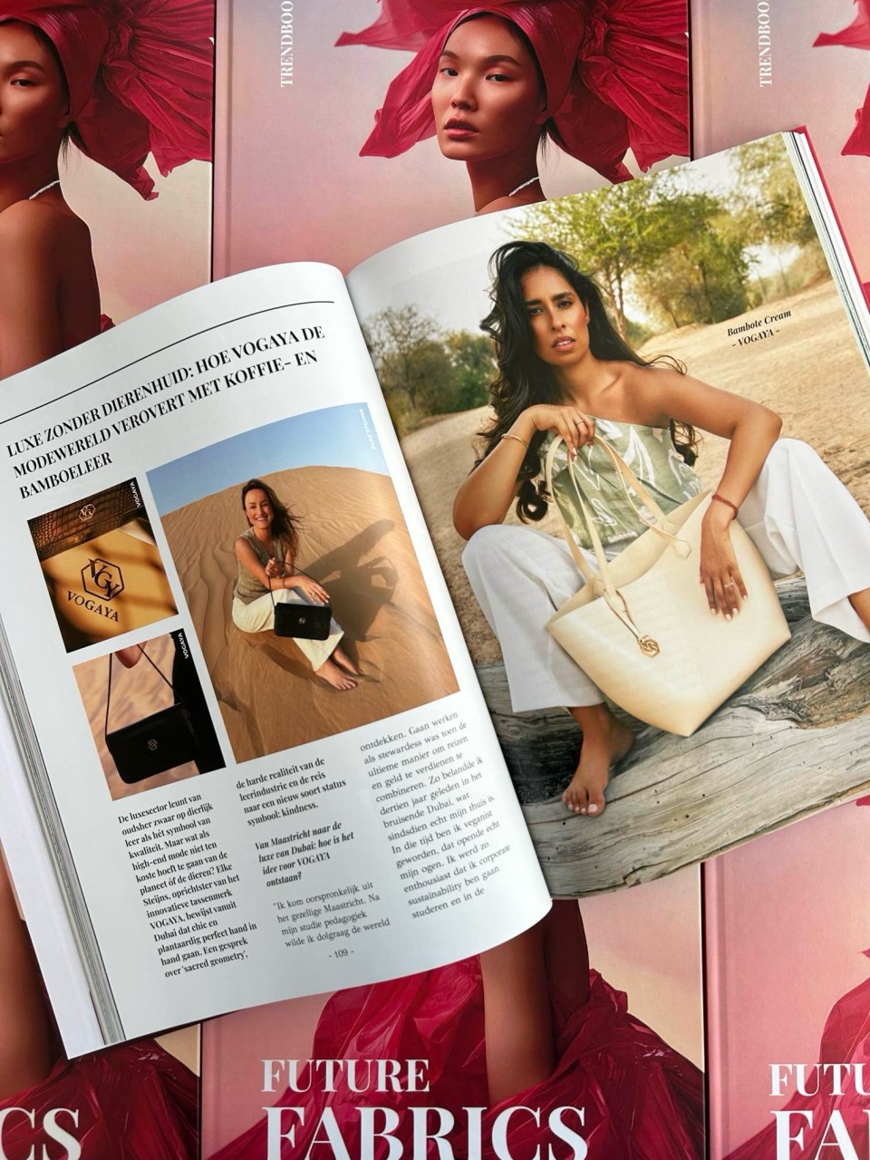 The Future Fabrics Trendbook open to VOGAYA's feature, with founder Elke and the cream Bambote tote