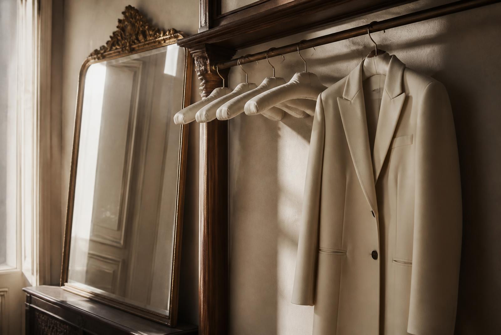 An antique gilt mirror and an ivory coat on a wardrobe rail in soft daylight