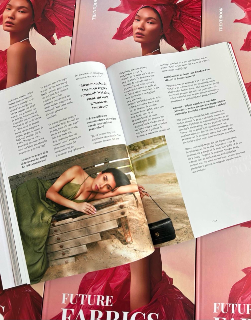 The Future Fabrics Trendbook's VOGAYA interview alongside a campaign photograph of the black shoulder bag