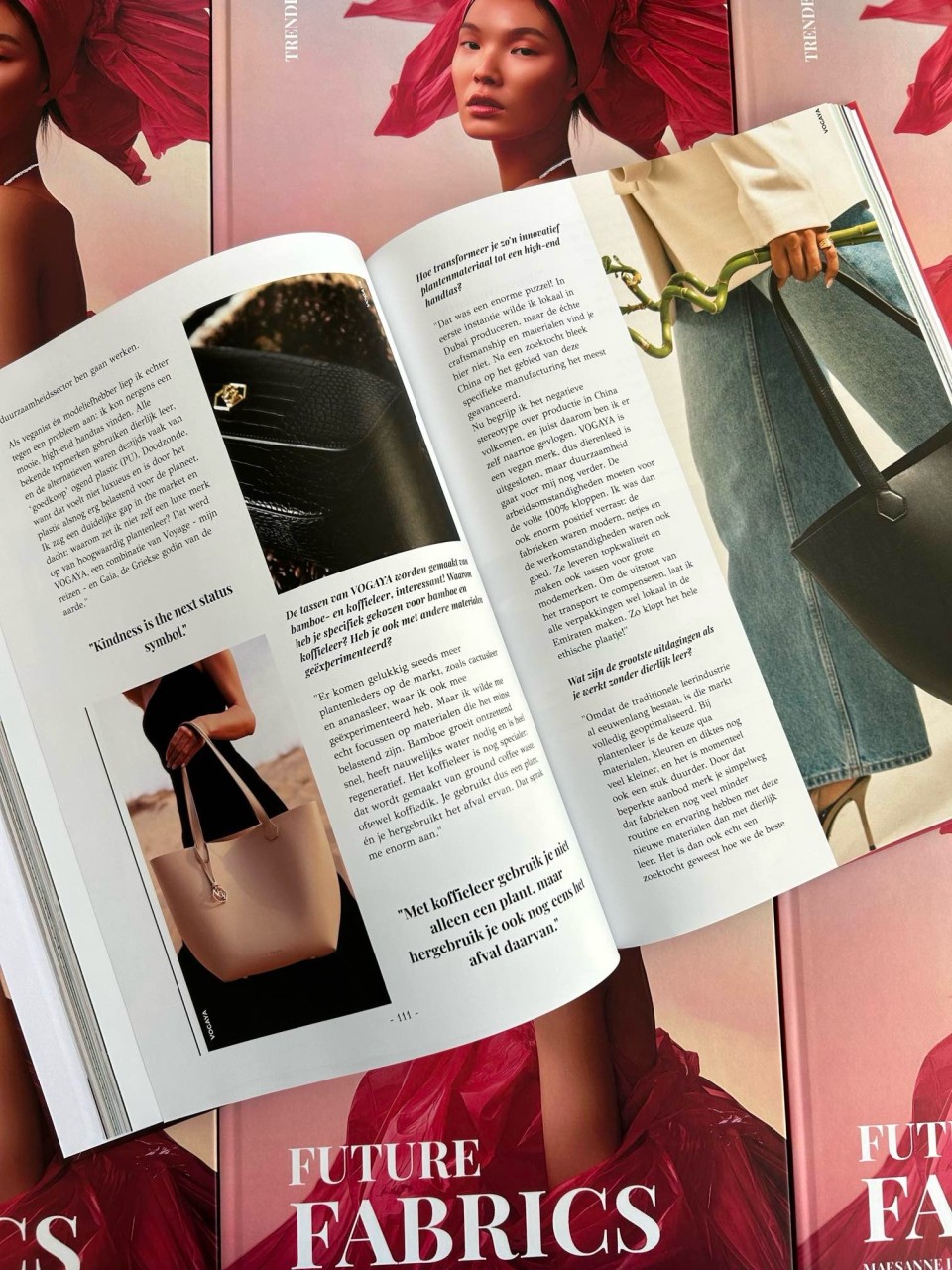 Future Fabrics pages featuring VOGAYA's coffee and bamboo leather bags and a Dutch-language interview