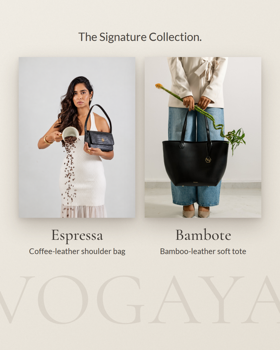 The Signature Collection: Espressa coffee-leather shoulder bag and Bambote bamboo-leather soft tote