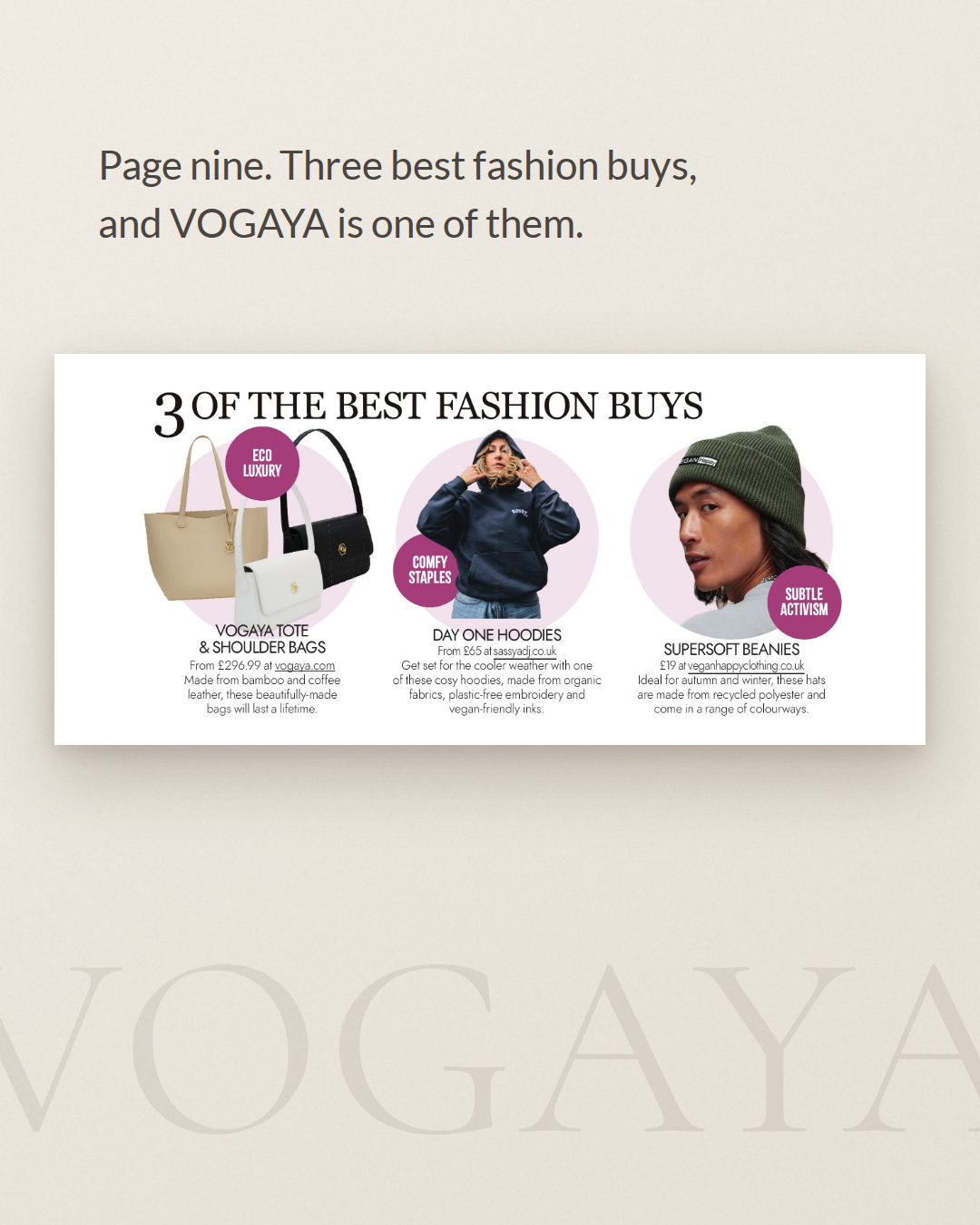 Page nine of Vegan Food & Living: 3 of the best fashion buys, featuring VOGAYA tote and shoulder bags as Eco Luxury